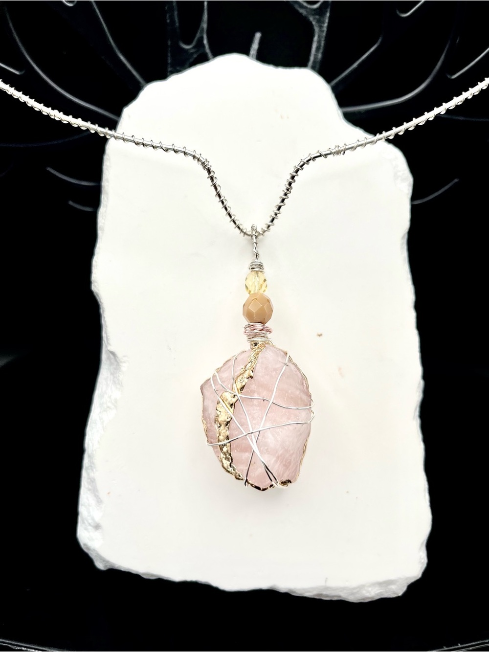 Handcrafted Silver Wire Wrapped Rose Quartz Pendant Necklace - Pink